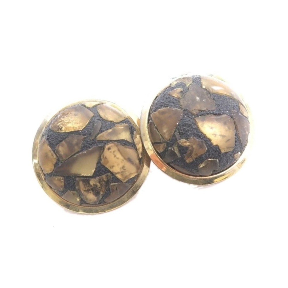 Vintage Large Yellow Gold colored Flecks Black Dome Gold Toned Clip-on‎ Earrings